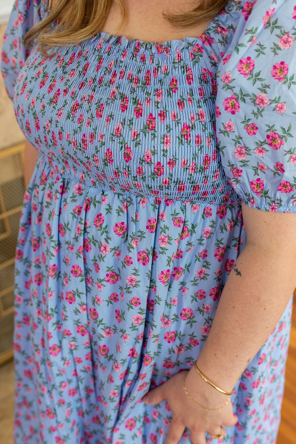 The Mable Poplin Floral Smocked Midi Dress
